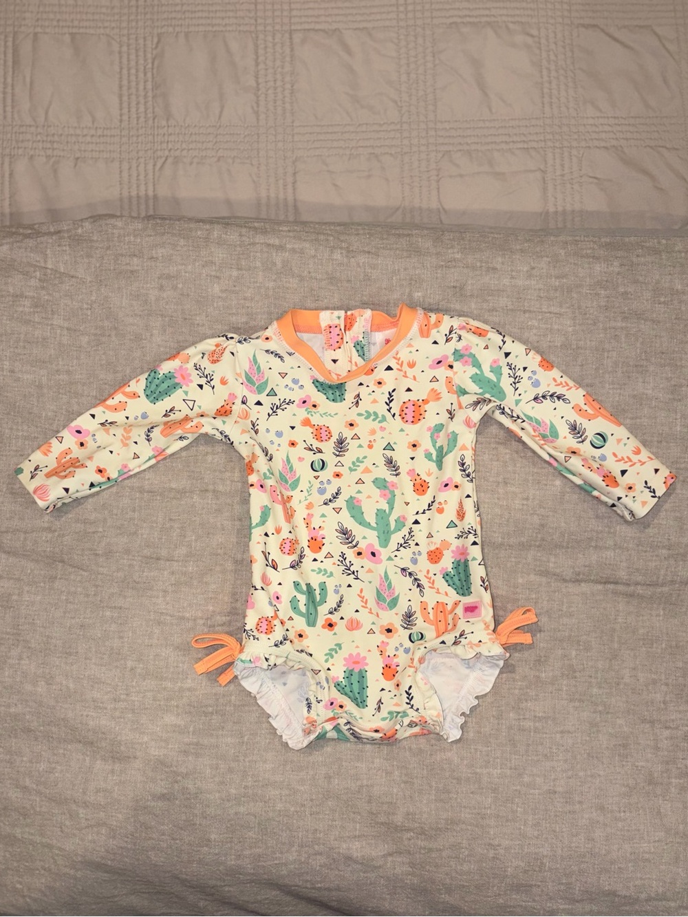 Long-Sleeve Cactus Print One-Piece Swimsuit - Cream & Peach